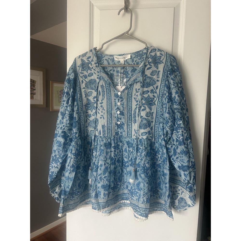 NWT Chelsea & Theodore Womens Blue Floral Boho Peasant Top Lightweight Sz Large